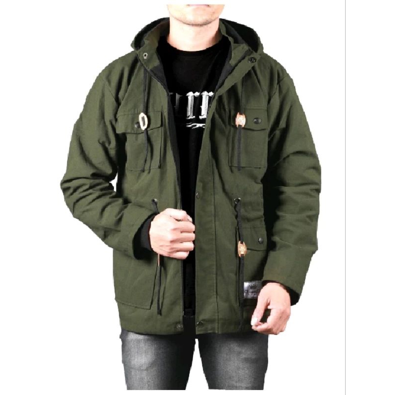 jaket parka pria bahan canvas keren full army