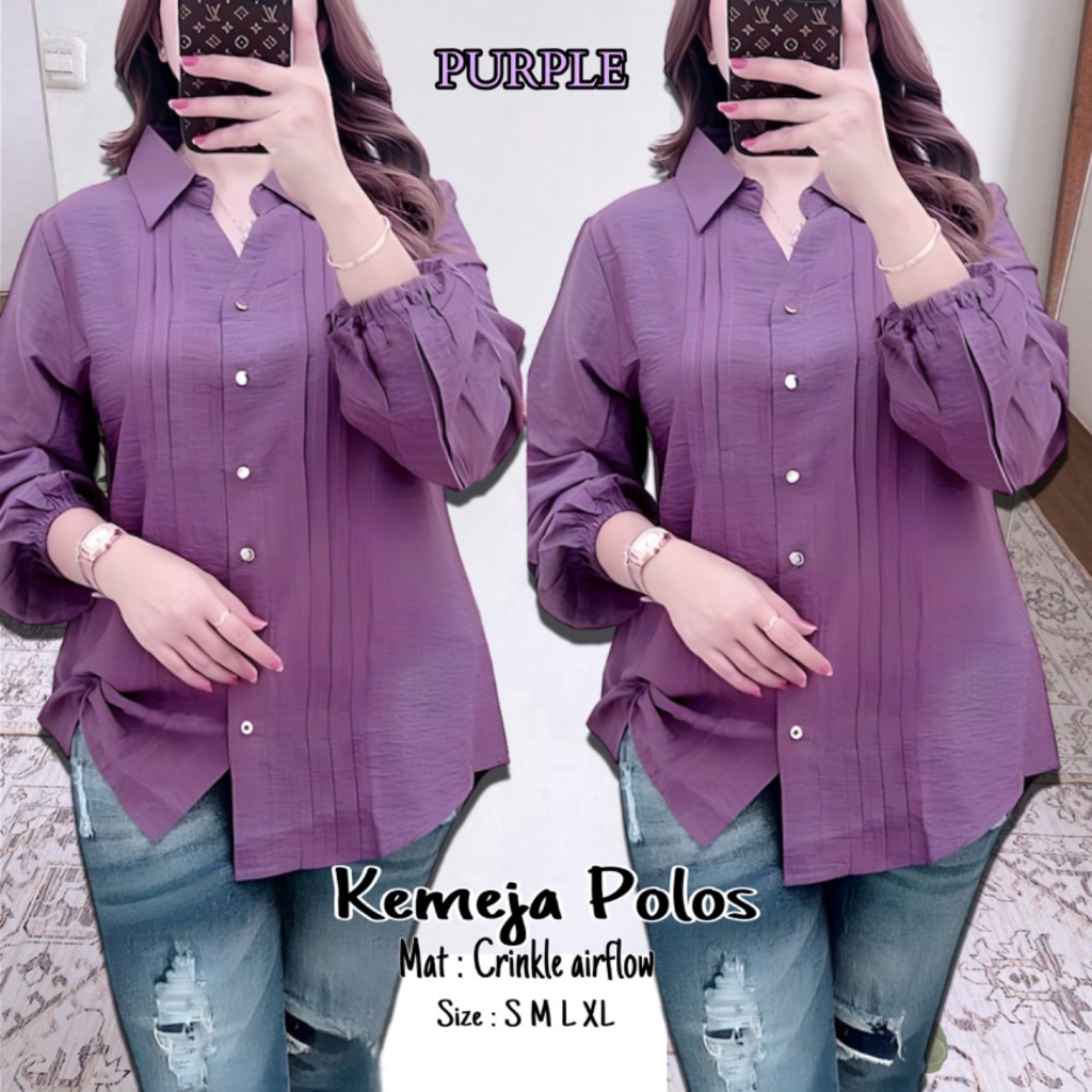 Jual Kemeja Polos Wanita Crinkle Airflow Baju Kemeja Wanita Lengan Panjang Crinkle Kemeja