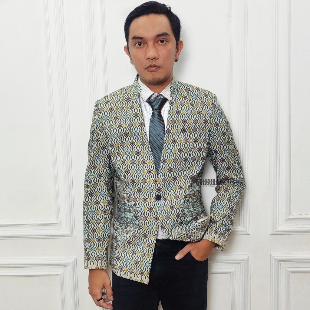 Jual jas batik blazer batik pria slimfit terbaru chiangi kerah lurus ...