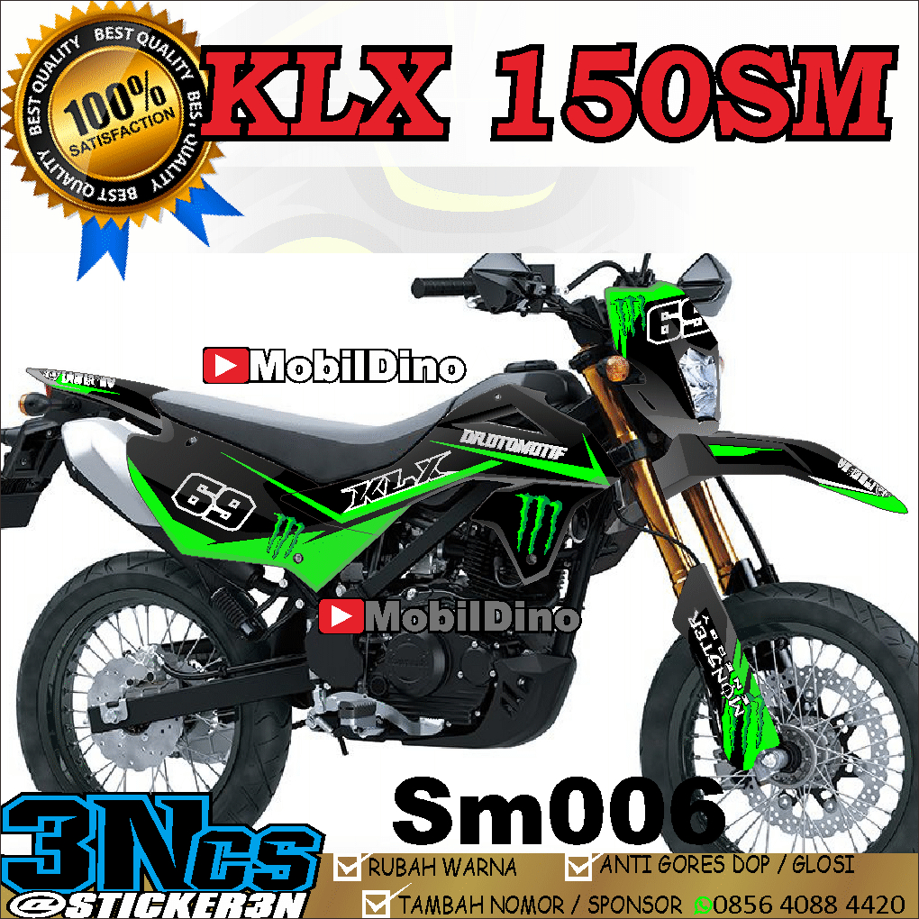 Jual decal kawasaki klx 150 sm fullbodi bisa rubah warna nomor dan nama ...