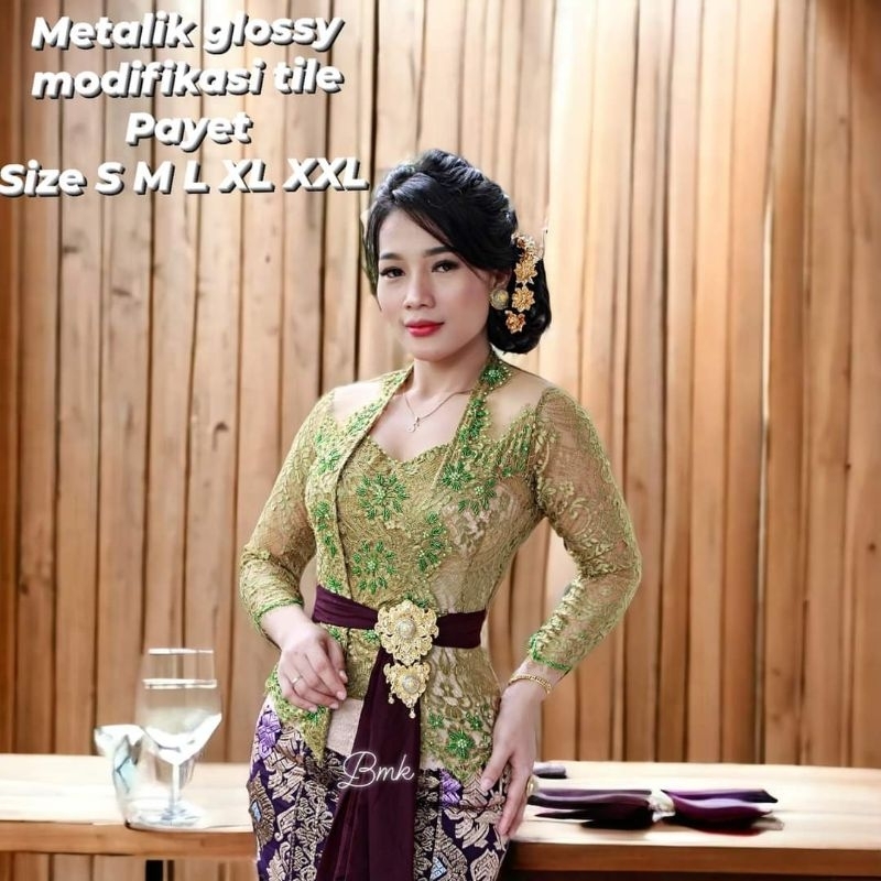 Jual Kebaya Jadi Brokat Metalic Glossy Payet Modifikasi Tile Lengan