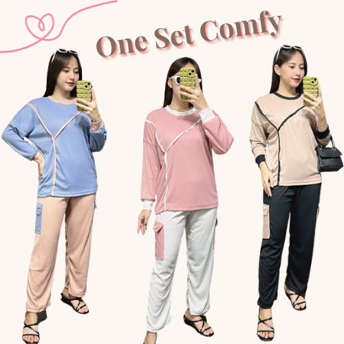 Jual Rx Fashion One Set Comfy Setelan Katun Knit Combi Atasan Dan Celana Panjang Cargo Wanita