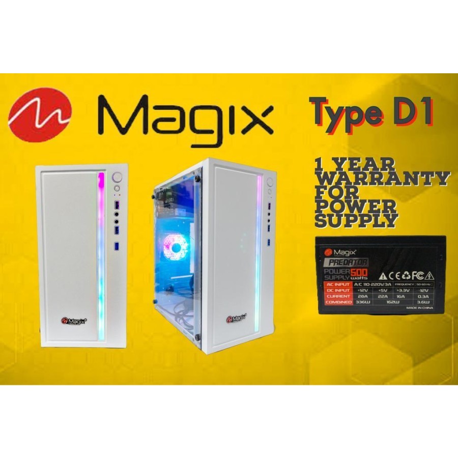 Jual Gaming Case Magix White Model D1 Plus PSU 500 Watt + Fan RGB ...
