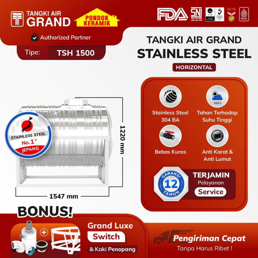 Toren Tangki Air Tandon Stainless Horizontal Tedmond Grand TSH 1500 Anti Lumut & Sertifikasi Halal Pertama di Indonesia Garansi 12 Tahun