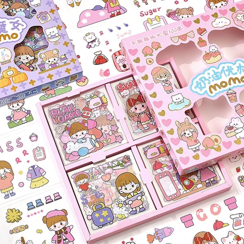 Jual Sticker MOMO Kartun Aesthetic Waterproof 1 Box isi 100 pcs ...