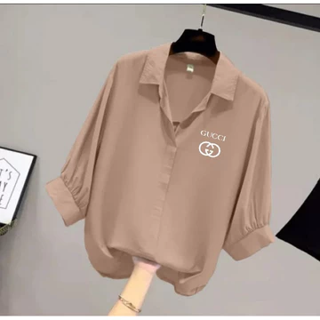 Blouse Wanita Leher V Logo Samping Kemeja Wanita V Korean Style Baju Wanita Lengan Balon 3 4