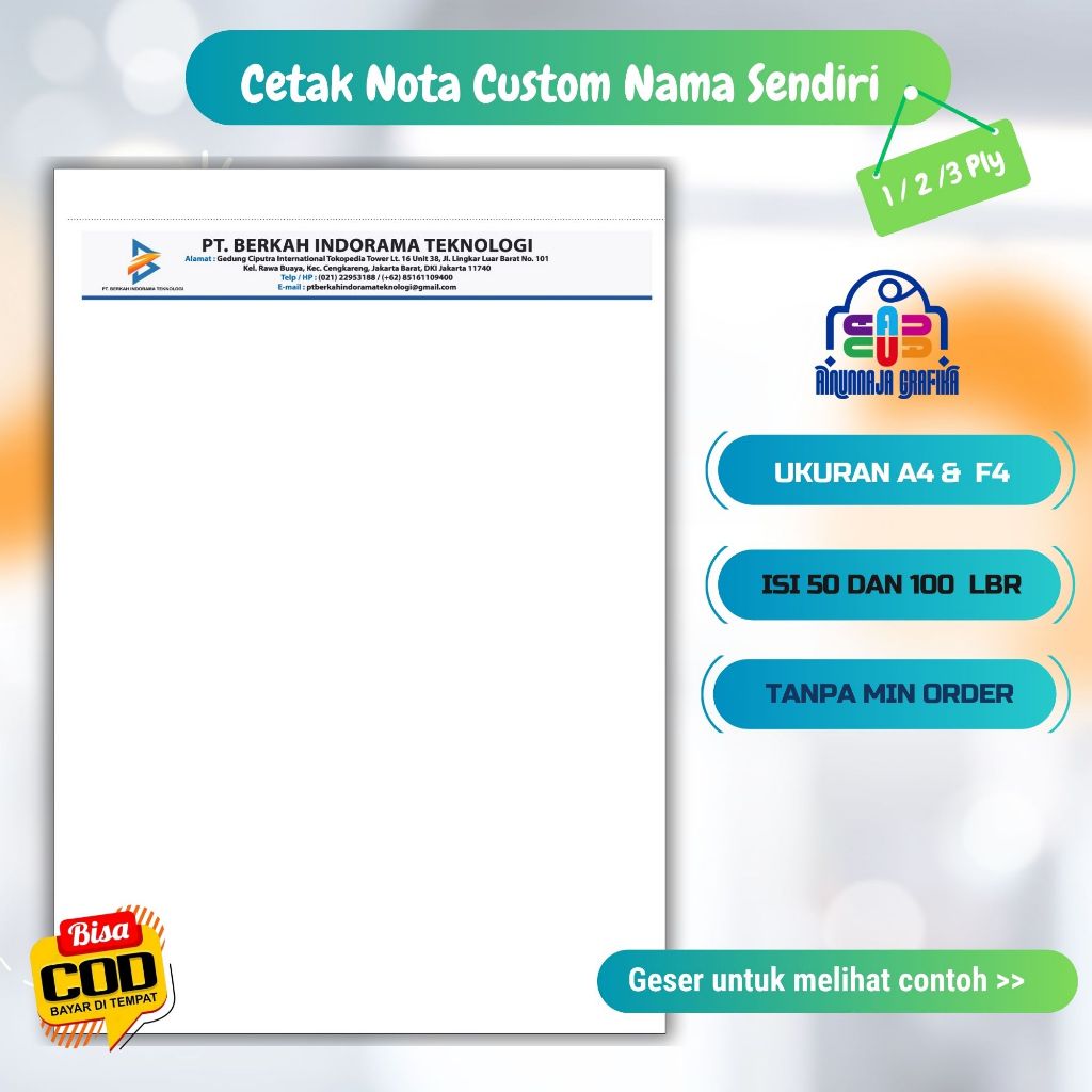 nota 2ply Custom, nota custum ukuran folio