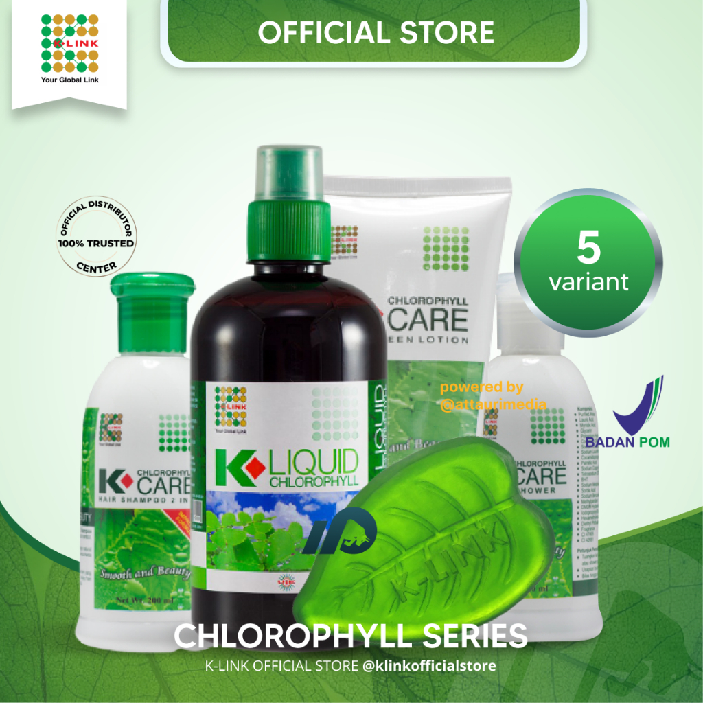 CHLOROPHYLL SERIES All Varian Lengkap (K-Care Chlorophyll Transparant Soap Sabun Klorofil, K-Care Chlorophyll Body Shower, K-Liquid Chlorophyll Klorofil K-Link 500 ml, Shampoo, Sunscreen Lotion) KLOROFIL K-Link Official Store K-Link Original Store Attauri