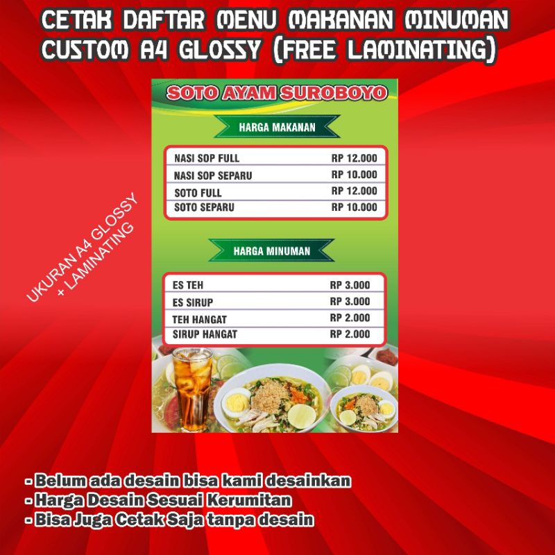 Jual Cetak Daftar Menu Makanan Minuman Costum Glossy A4 Free