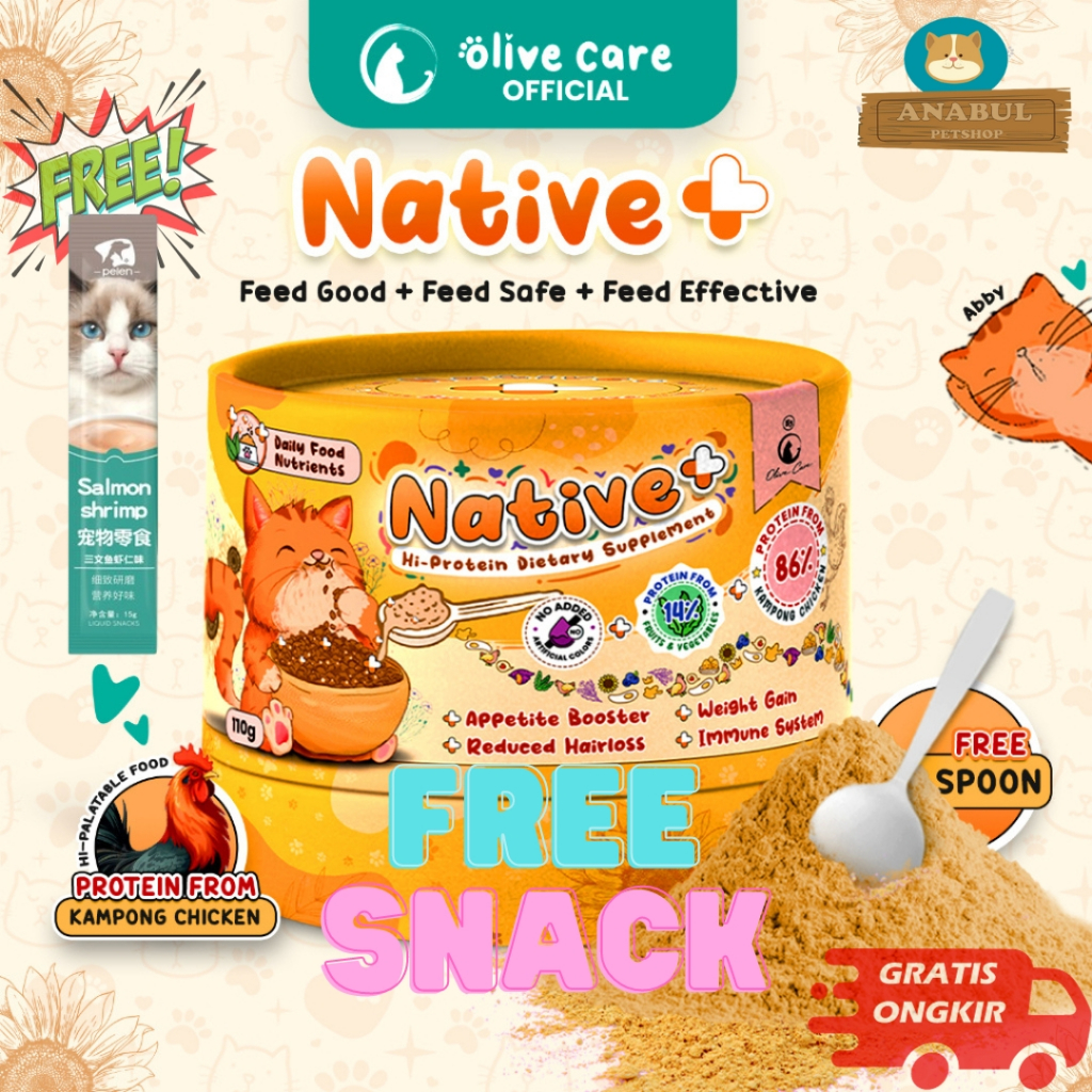 Jual Olive Care Vitamin Kucing NATIVE+ Protein Tinggi 110gr (FREE SNACK ...