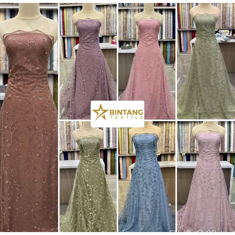 Jual Bahan Kain Brokat Brukat Tule Tile Bordir Mutiara Glitter Akar