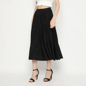 MINEOLA Serenity Black Pleated Midi Skirt (Rok Wanita Midi Plisket Bahan Impor Premium Korean