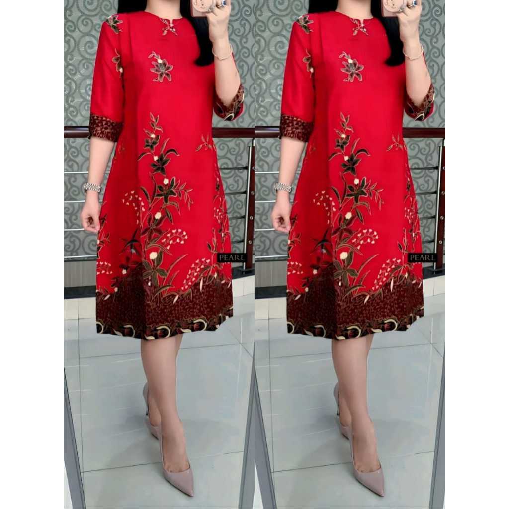 Jual DRESS BATIK KOMBINASI MODEL TERBARU 2024 SAKU PINGGANG BAJU WANITA