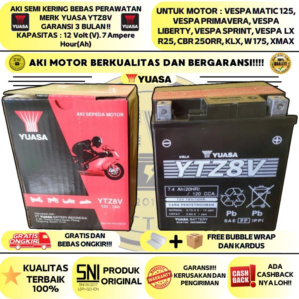 Jual AKI MOTOR YAMAHA R25, CBR 250RR, KLX 150, MT25, XMAX YTZ8V YUASA