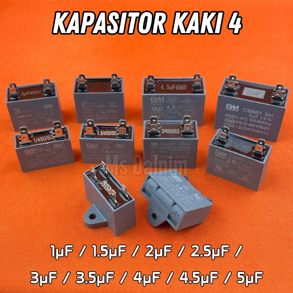 Jual Kapasitor Fan AC 4 Pin Kaki 1 1,5 2 2,5 3 3,5 4 4,5 5 uF Mikro / Capasitor 4 Kaki Merk BM