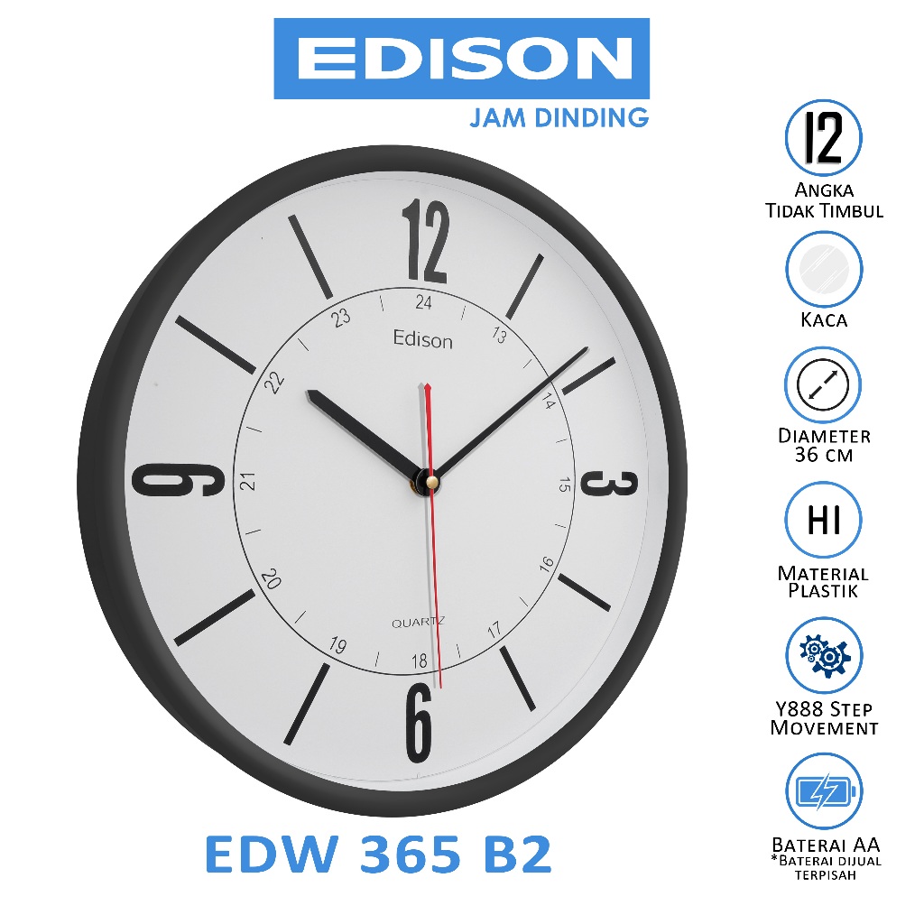 Jual Jam Dinding Edison EDW 365 B2 Diameter 360mm 36cm Shopee Indonesia