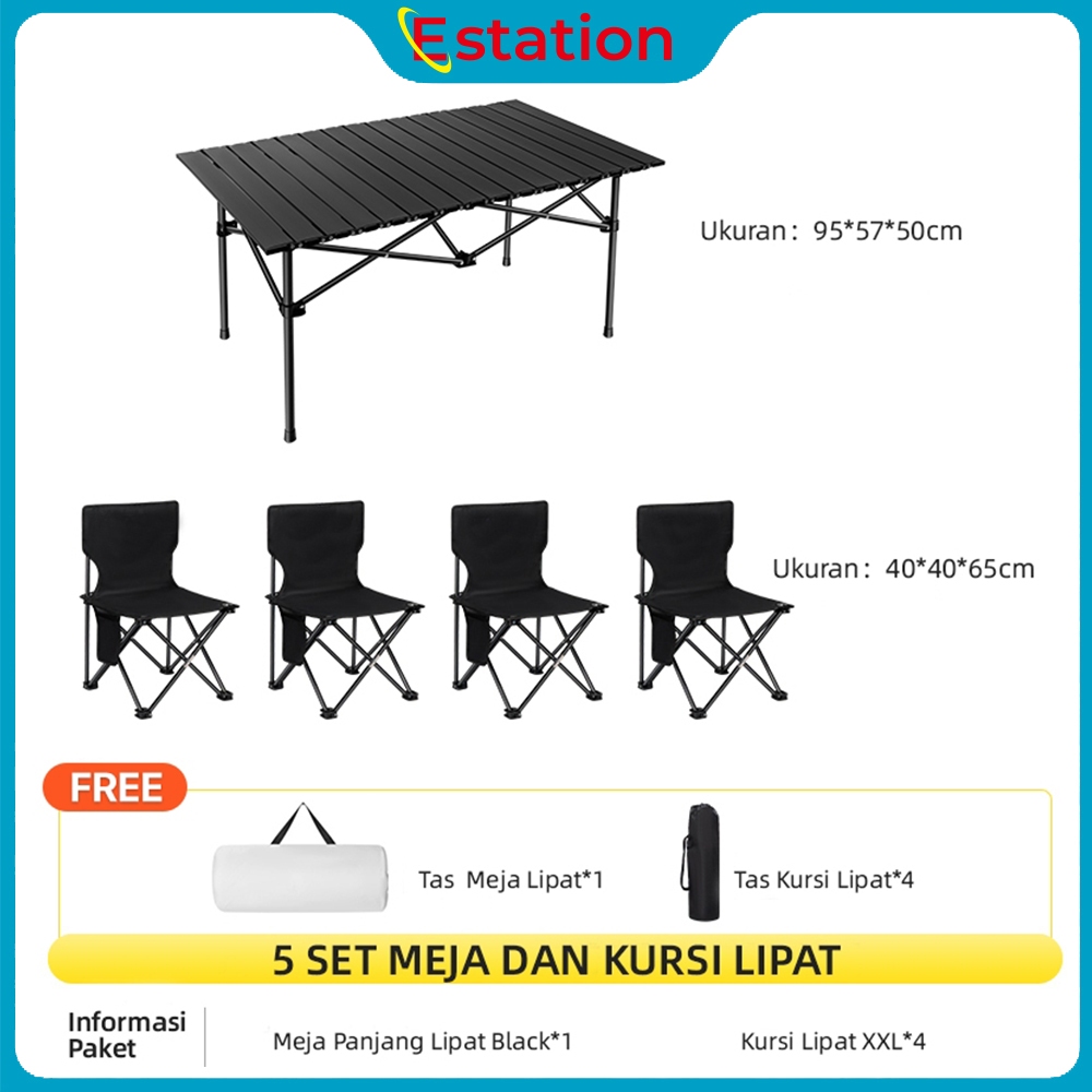 Estation - Meja Lipat Panjang Dan Kursi  * 4pcs Full Set / Meja Lipat Outdoor Kursi Lipat Camping