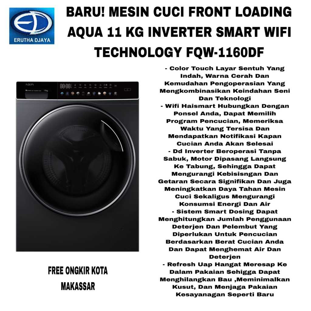 Jual Mesin Cuci Front Loading Aqua Kg Inverter Smart Wifi Fqw Df