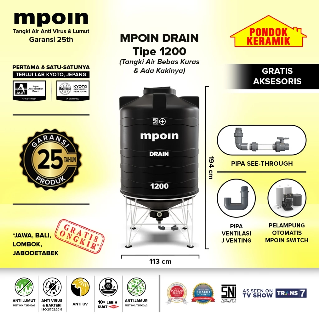 Tandon Mpoin Plus Drain 1200 Tangki Tandon Air 1100 Liter Toren Anti Lumut Garansi 25 Tahun
