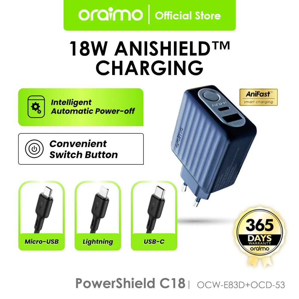 Jual Oraimo Charger 18w Dual Port Adaptor Anishield Outage Protection Ocw E83d Micro Lightning 7087