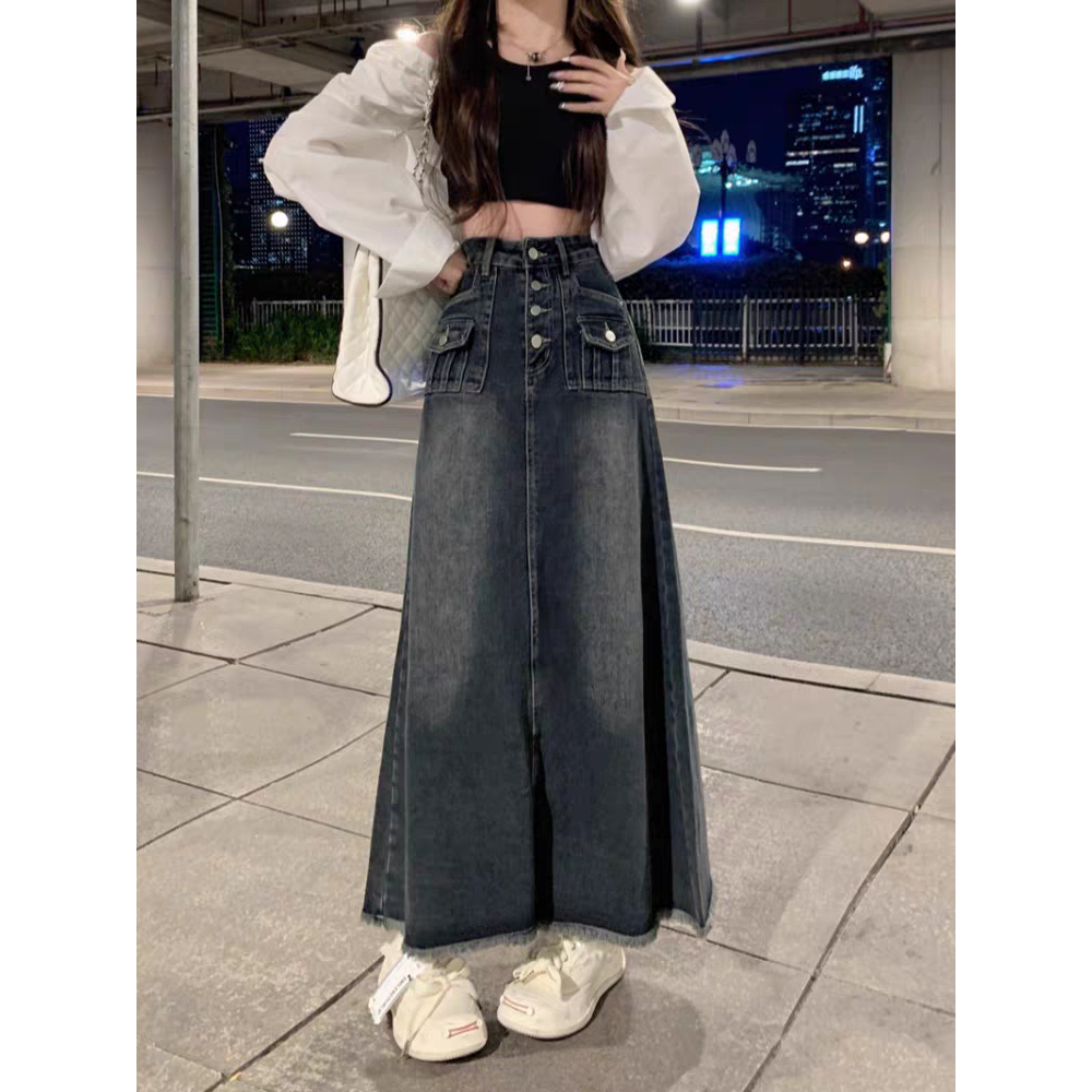 Jual Rok Korean Style Panjang High Waist Slit A-line Skirt Rok Jeans ...