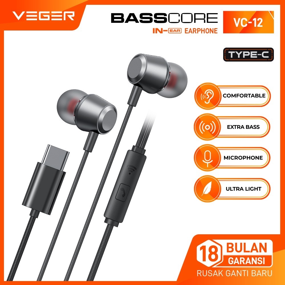 Jual VEGER VC-12 In Ear Earphone Jack Type C Extra Bass