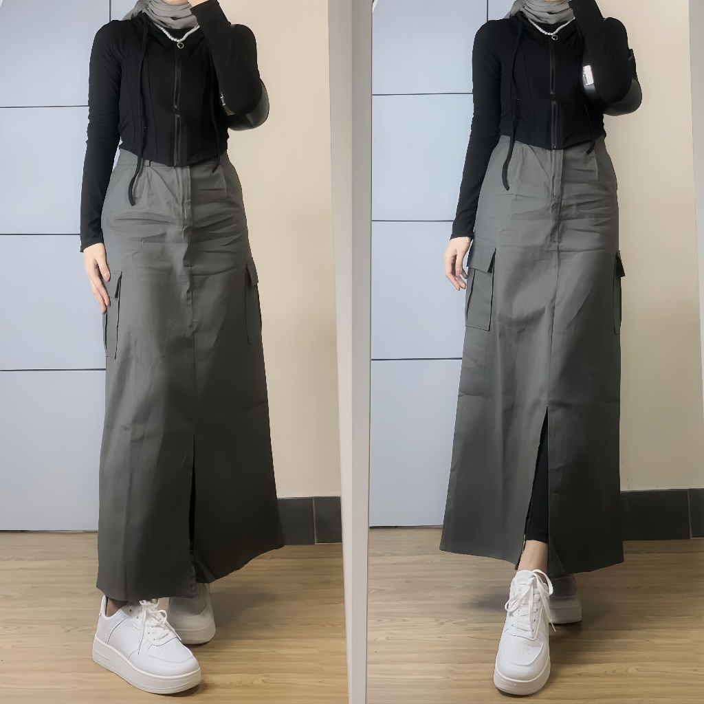 Jual Rok Cargo Panjang Belah Tengah - Rok Kargo Twill Korean Style ...