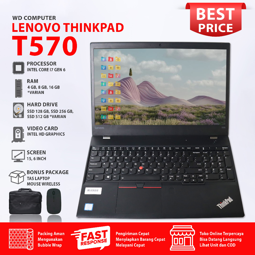 Jual Laptop Lenovo Thinkpad T570 Intel Core i7 Gen 6 Hitam Layar 15inch