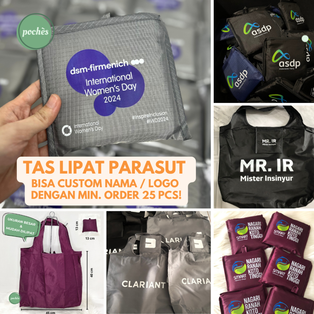Jual CUSTOM TAS BELANJA LIPAT SABLON LOGO NAMA PARASUT BESAR SHOPPING