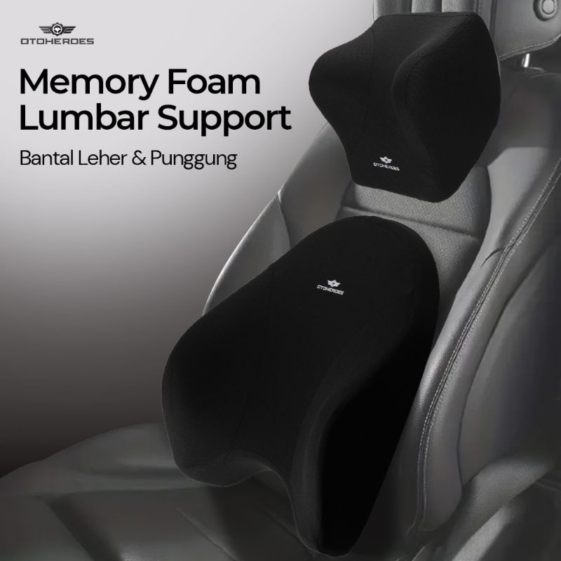 Bantal Leher Dan Punggung Mobil Black 3D Memory Foam Lumbar Support, Penopang Sandaran Pinggang Leher Kursi Mobil
