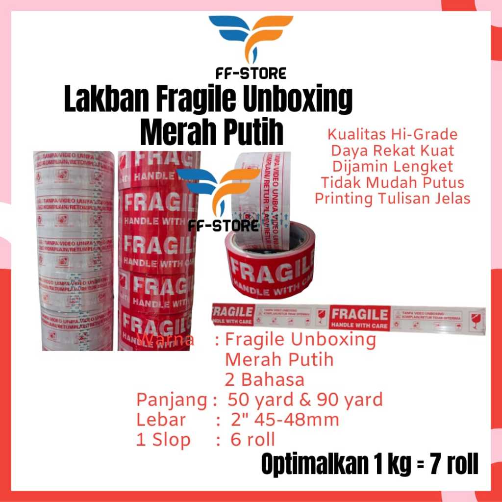 Jual Lakban Fragile Merah 90 Yard Solatip Jangan Dibanting Putih 2 Inch ...