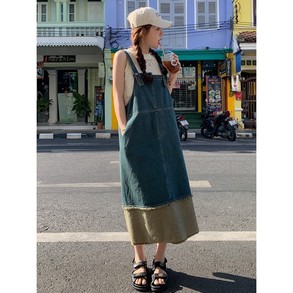 Jual American Retro Overall Denim Rokpanjang Wanita Washed Splicing ...