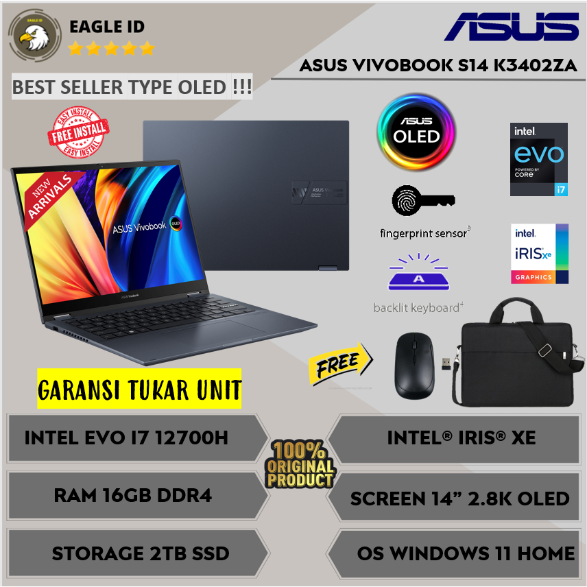 Jual Promo Laptop Asus Vivobook S14 K3402za Intel Evo I7 12700h 16gb 1tb Ssd 28k Oled Windows 0061