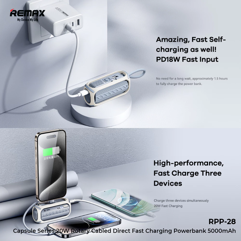 Remax Powerbank Fast 5000mAh 20W Build Cable&Conector iPh+Typ-C RPP-28