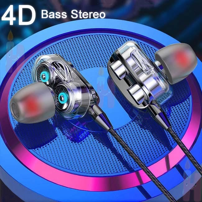 (COD) 4D Bass Earphone Headset Gaming Dual Hifi Stereo Bass Dengan Mic Dan  Kabel Ukuran Untuk Android