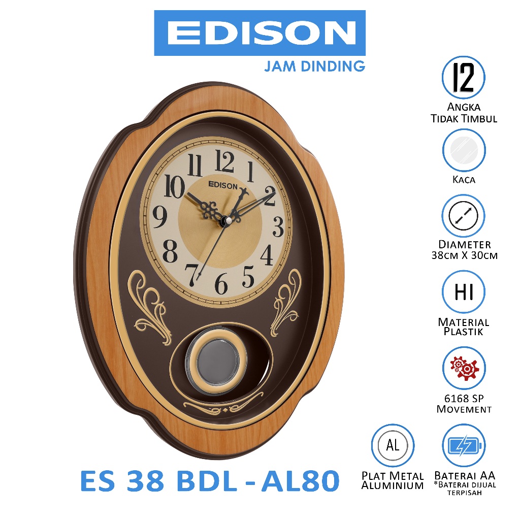 Jual Jam Dinding Edison Sweep ES EQ 38 AL80 Bandul Dimensi Ukuran 38cm ...