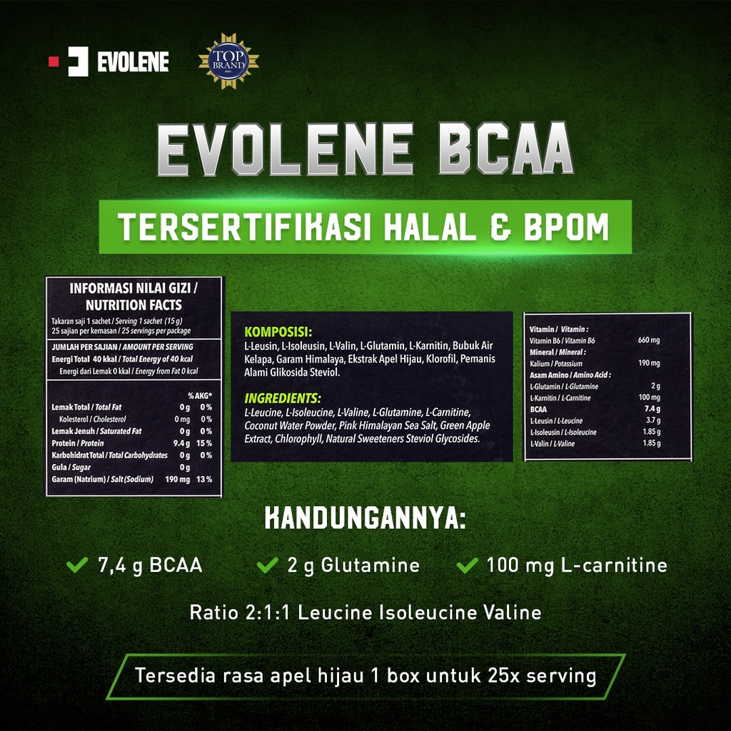 Jual Evolene BCAA Powder Sachet with L-Carnitine & Glutamine | Meningkatkan  Massa Otot | BPOM & Halal | Shopee Indonesia