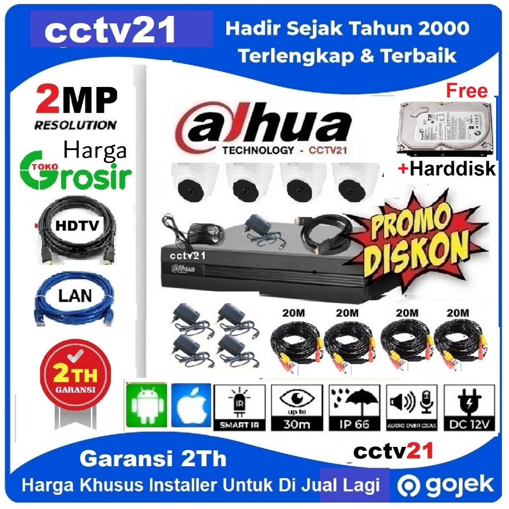 Jual Paket Lengkap 4 Cctv Kamera Harddisk Dahua T1A20 2MP DVR XVR1B04