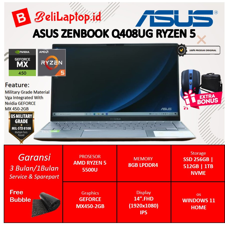 Jual Asus Zenbook 14 Q408UG Amd Ryzen 5 5500U Nvidia Geforce mx450