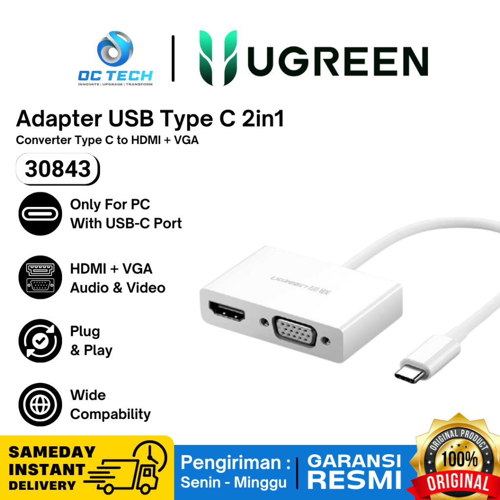 Jual UGREEN Adapter Converter Type C to HDMI + VGA 4k 30Hz Adapter Type ...