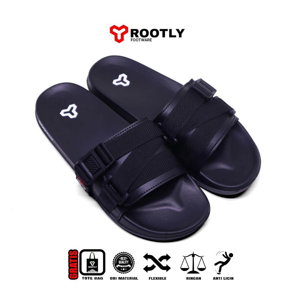Jual Rootly - Sandal Pria Selop Teca X Full Black Unisex | Shopee Indonesia