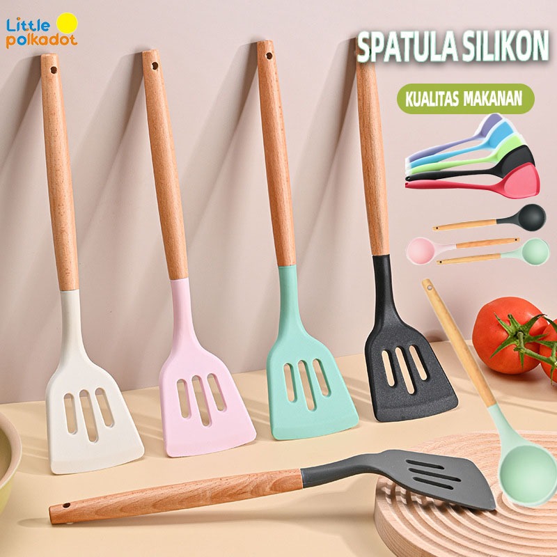 Jual Spatula Silikon Gagang Kayu /Sutil Masak Untuk Goreng Tumis Tahan