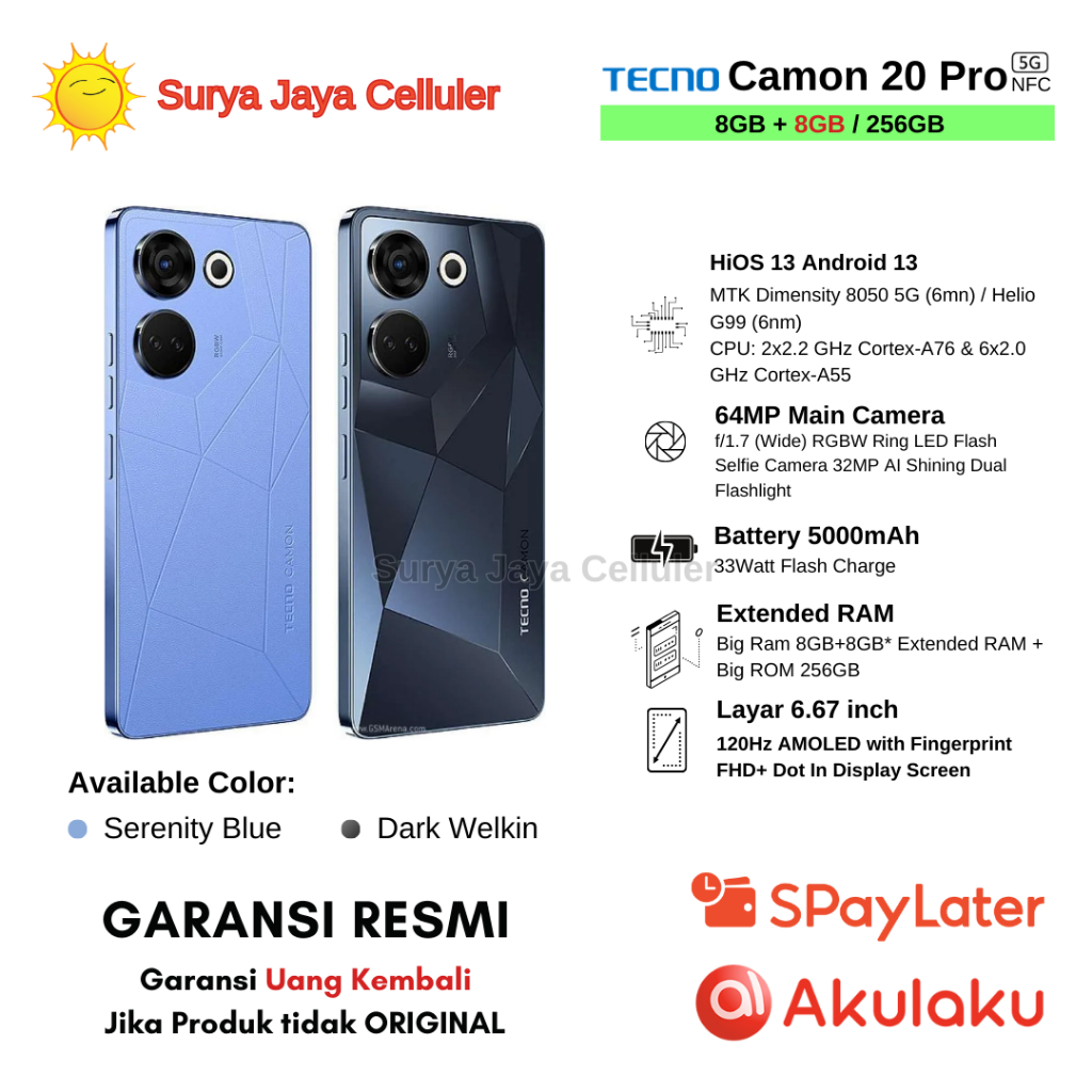 Jual TECNO CAMON 20 PRO 5G NFC 8/256GB & CAMON 20 PRO NFC 8/256GB ...