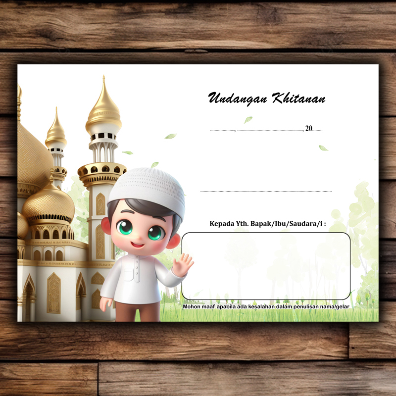 Jual (ISI 25 PCS) KARTU UNDANGAN KHITANAN TEMA ANAK 3D MASJID GOLD