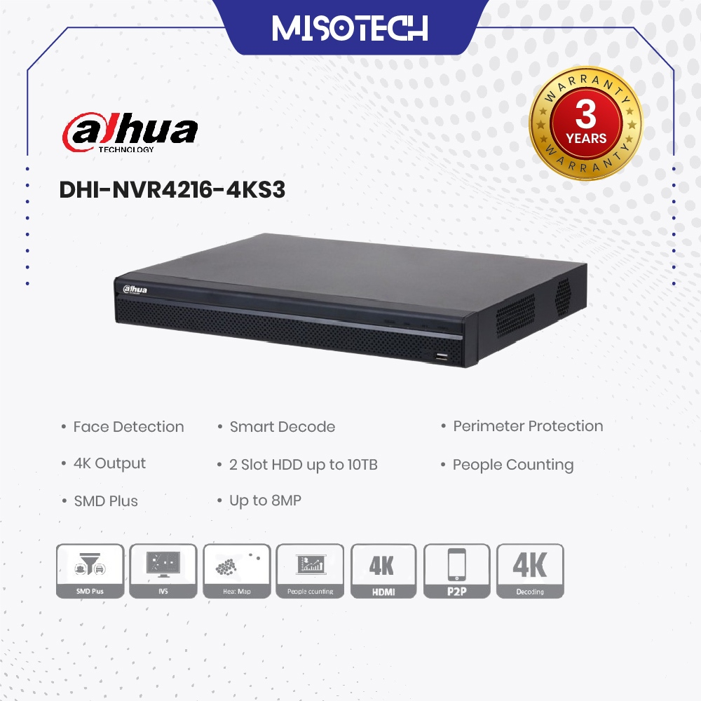 Dahua DHI-NVR4216-4KS3 16 Channel NVR Non-PoE 4K SATA SMD Plus IP  Camera Lite Series