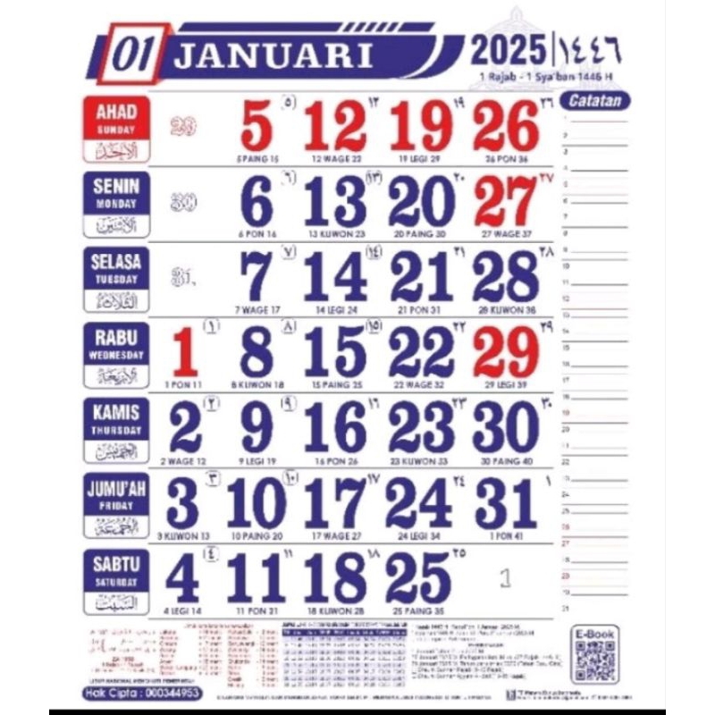 Jual Kalender Besar 2025 jawa dinding lengkap original Almanak