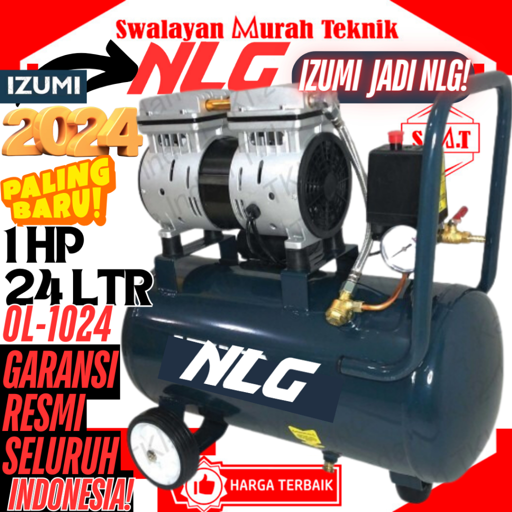 Jual NLG OL1024 PAKET Kompresor Angin Silent 24 Liter 1 HP Oilless Air ...