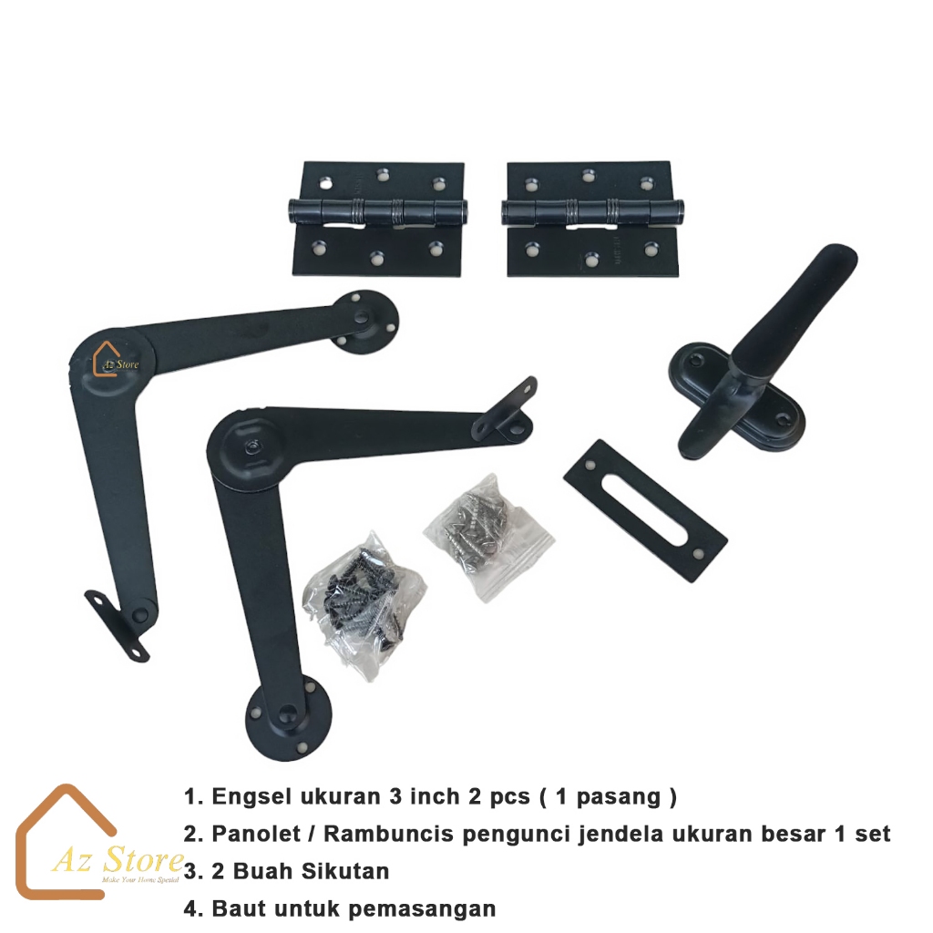 Paket Jendela Engsel Salon Hitam Penahan Jendela Engsel 3 inch Rambuncis Kunci