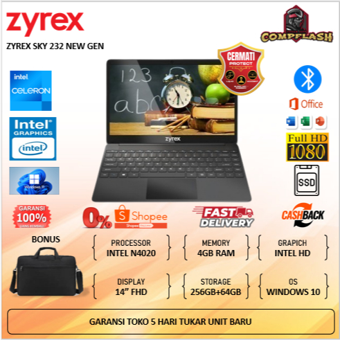 Jual LAPTOP ZYREX SKY 232 NEW GEN N4020 RAM 4GB SSD 256GB+64GB