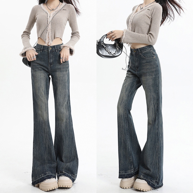 GETADME American Style Retro High Street Ruffled Denim Jeans for Women in Autumn Low Waisted High Elastic Slimming Wide Leg Mop Pants